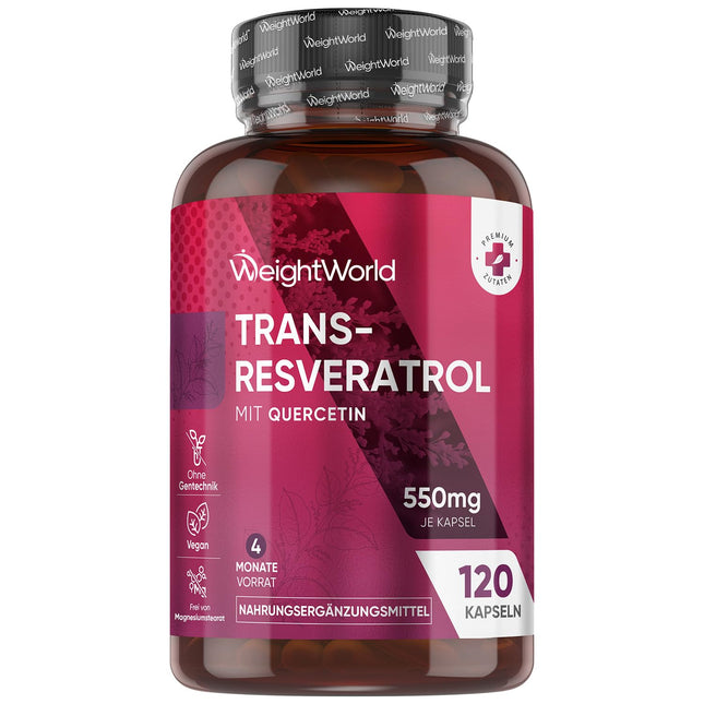 Resveratrol Capsules - 500mg Trans-Resveratrol with 50mg Quercetin - 4-Month Supply - Alternative to OPC Capsules - 120 Vegan Capsules without Magnesium Stearate - Polyphenols from Knotweed - WeightWorld
