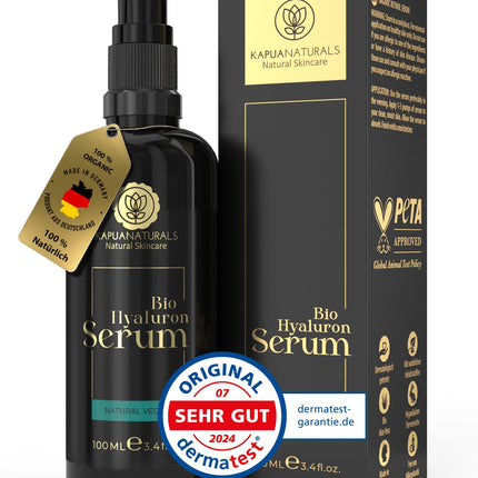 Organic hyaluronic serum with high dosage • 100ml + Vit E &amp; B5 • 7-fold hyaluronic acid serum for the face ✓100% vegan &amp; organic ✓Anti-aging concentrate ✓Anti-wrinkle serum natural cosmetics ✓Made in Germany ✓Hyaluronic acid serum