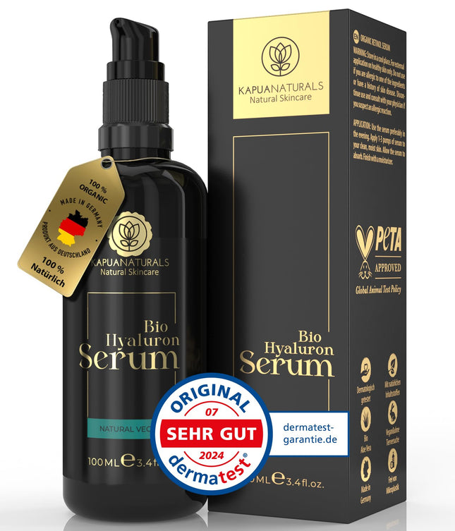Organic hyaluronic serum with high dosage • 100ml + Vit E &amp; B5 • 7-fold hyaluronic acid serum for the face ✓100% vegan &amp; organic ✓Anti-aging concentrate ✓Anti-wrinkle serum natural cosmetics ✓Made in Germany ✓Hyaluronic acid serum