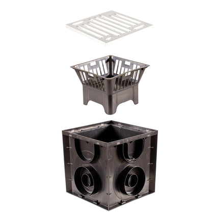 ScarMaxx - Yard drain 250x250 mm - Floor drain with dirt trap bucket, with connection for KG pipes of various sizes - Plastic floor drain - Galvanized grid