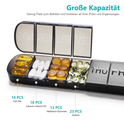 FHORAIN 7-Day Pill Box, Large Medicine Box, Pill Organizer, BPA-Free Portable Pill Box for Fish Oil, Medications, Vitamins, and Supplements (Black)
