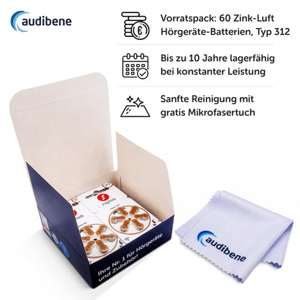 Siemens-Signia hearing aid batteries type 312 brown, batteries for hearing aids, 60-pack, Made in Germany, including FREE cleaning cloth, Wireless Approved, mercury-free