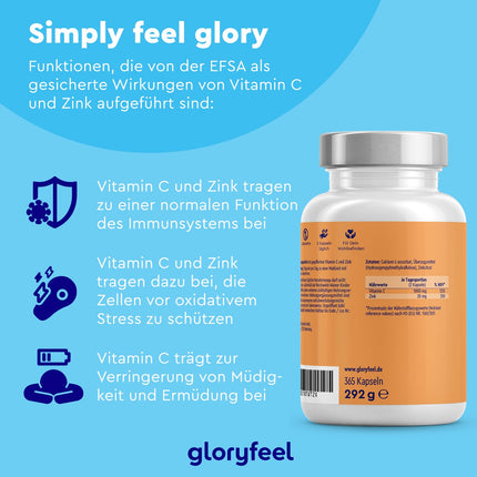Vitamin C 365 Capsules - High dosage with 1000mg + 20mg zinc - Plant-fermented &amp; buffered (pH-neutral, acid-free, gentle on the stomach) - Laboratory-tested, vegan, produced without additives