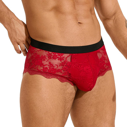 ohyeahlady Sissy Lingerie Men's Sexy Boxer Shorts Lace Erotic Underwear Men's Lingerie Large Size Underpants Open Briefs Mesh Underwear with Bulge Transparent Briefs Clubwear Red L