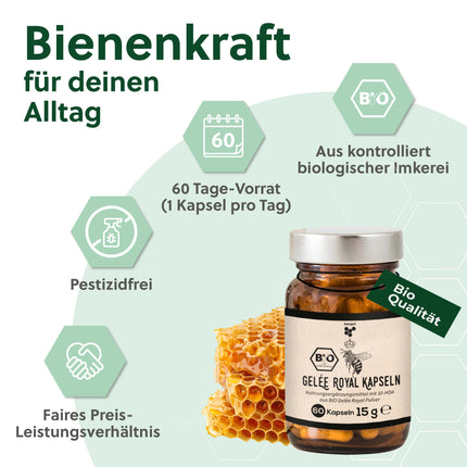 beegut ORGANIC Royal Jelly Capsules, 60 capsules each containing 170mg powder = 500mg pure royal jelly, sustainable packaging