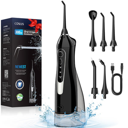 COSLUS Oral Irrigator Cordless Portable Electric Tooth Cleaner, 300ML Water Tank Rechargeable Dental Irrigator Double Water Teeth Flosser IPX7 Waterproof Oral Irrigator Test Winner for Cleaning While Traveling