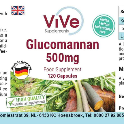 Glucomannan 500mg - 120 vegan capsules from konjac root extract - natural bulking agent, fiber | Quality from Germany by ViVe Supplements