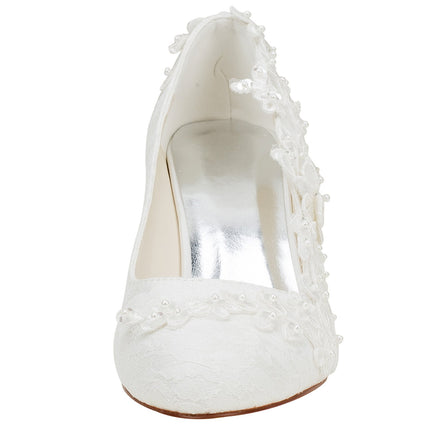 Emily Bridal Wedding Shoes Women Silk-like Satin Chunky Heel Pumps with Stitching Lace Flower Crystal Pearl, Ivory, 40 EU (7 UK)
