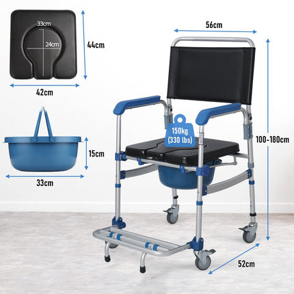 Mosegor height-adjustable toilet chairs, shower chairs with wheels, bedside chair with armrests, toilet wheelchair, mobile toilet chair, 150 kg load capacity, suitable for bedrooms, bathrooms, hospitals