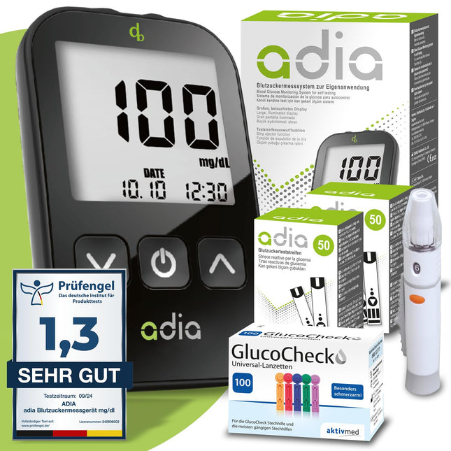 Maxi-value set: adia blood glucose meter (mg) + 110 blood glucose test strips, 110 lancets, 1 lancing device, 1 case, for blood glucose self-monitoring in diabetes