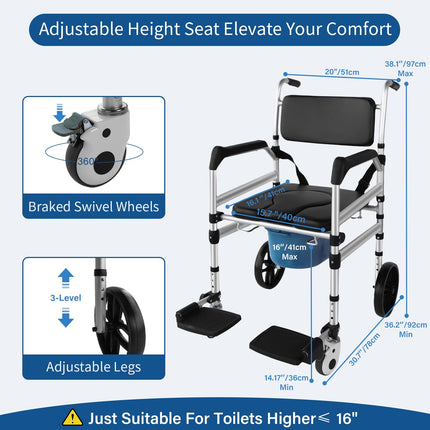 Eosprim height-adjustable toilet wheelchair, toilet chair for seniors with wheels, commode chair for seniors, shower chair with wheels for the disabled, mobile toilet chair with arms
