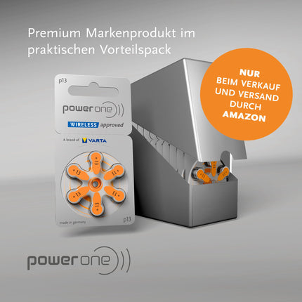 Power one hearing aid batteries type 13 orange, 60 batteries, storage pack, wireless approved, size p13 for hearing aids and hearing aids, high hearing level, mercury-free, Made in Germany
