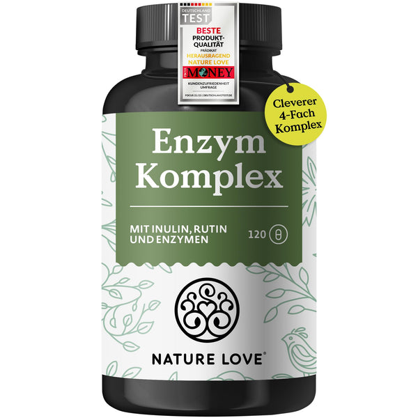 NATURE LOVE® Enzyme Complex - 120 Capsules - incl. Lipase &amp; α-Amylase | with Bromelain, Rutin, Cellulase, and Inulin - Digestive Enzymes in a 4-month supply - vegan, laboratory-tested