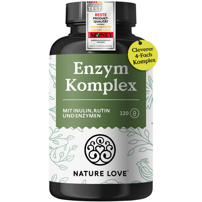 NATURE LOVE® Enzyme Complex - 120 Capsules - incl. Lipase &amp; α-Amylase | with Bromelain, Rutin, Cellulase, and Inulin - Digestive Enzymes in a 4-month supply - vegan, laboratory-tested
