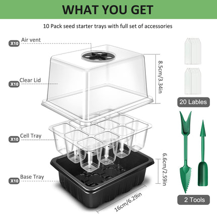 YAUNGEL Indoor Greenhouse Propagator, 10 Pack 120 Cell Mini Greenhouse Propagation Set with Raised Lid, Seedling Starter Trays, Greenhouse Propagation Tray with Lid for Plants, Black