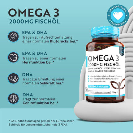 Omega 3 capsules high-dose 240-2000mg fish oil capsules with 660mg EPA &amp; 440mg DHA per serving - Omega 3 oil, pure fish oil from sustainable fisheries - Tested/Certified in Germany - Nutravita