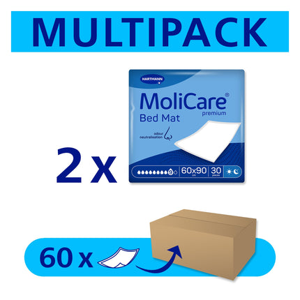 Molicare Premium Bed Mat 9 Drops: Bed protection pad with absorbent core made of cellulose flakes, 60x90cm, 2x30 pieces