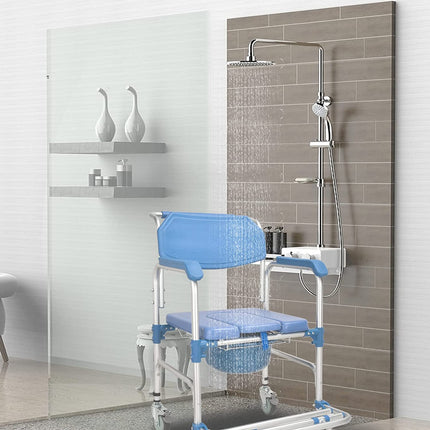 Toilet chair with wheels Shower chair with toilet for seniors Mobile toilet wheelchair with armrests Backrest and toilet bucket up to 150kg Shower chair with wheels for disabled people