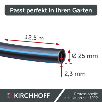 Kirchhoff water pipe for garden irrigation 25 mm x 12.5 m | PE pipe for sprinkler system | HDPE connecting pipe | DVGW | Drinking water pipe | Made in EU