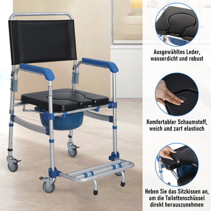 Mosegor height-adjustable toilet chairs, shower chairs with wheels, bedside chair with armrests, toilet wheelchair, mobile toilet chair, 150 kg load capacity, suitable for bedrooms, bathrooms, hospitals