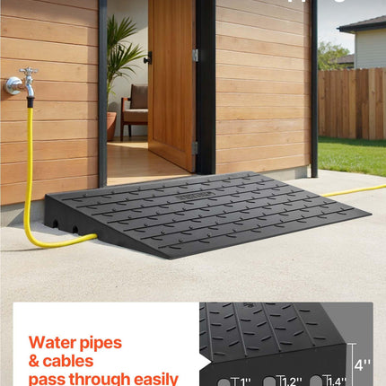 VEVOR Rubber Threshold Ramp, 10.2 cm Rise, Door Threshold Ramp, 3-Channel Cable Cover, Solid Rubber Threshold Ramp, with a Load Capacity of 1 T for Wheelchairs and Scooters
