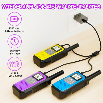Walkie Talkie Set of 3, NXGKET Walkie Talkie 5 km for Adults and Children, 16 Channel Radio Set Rechargeable with 1200mAh Li-ion Battery, USB-C Charging Cable, VOX for Camping, Hiking, Traveling, Skiing, Fishing, Hunting