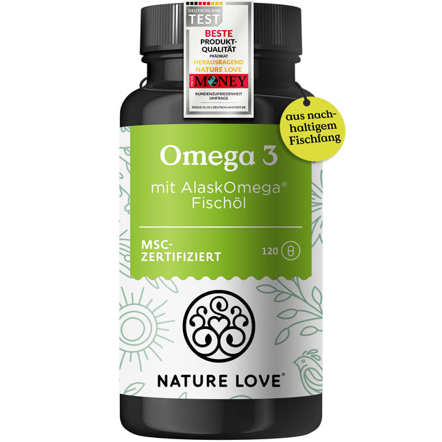 Omega 3 - high dose with 650mg Omega 3 fatty acids per daily dose - 120 small capsules with premium raw material AlaskOmega® (MSC-certified) - produced in Germany without additives