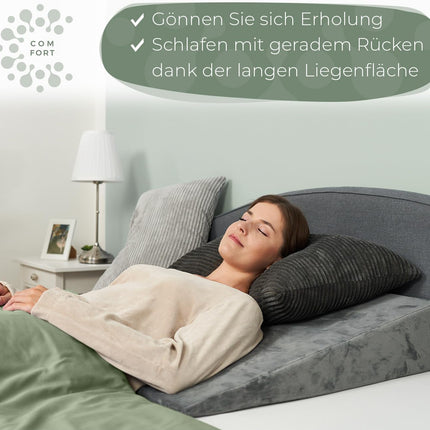 Wedge pillows for bed and couch, mattress wedge, reflux pillow [with 2 lying zones], reading pillows for sleep elevation, back cushions as headboards, bed raisers, back support pillows, leg pillows or vein pillows