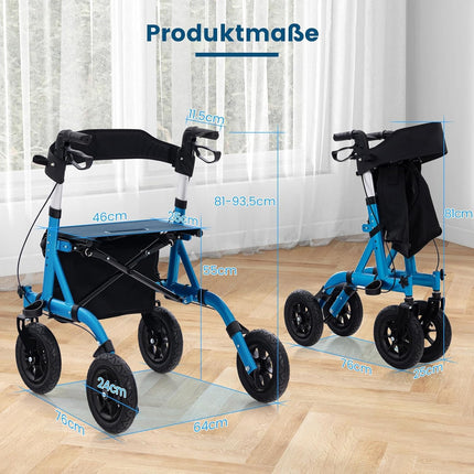 FANTASK 2-in-1 Rollator with pneumatic tires and seat up to 160 kg, foldable and lightweight aluminum with bag and cane holder, walking aid with 6-way height adjustment, wheelchair and travel rollator (blue)
