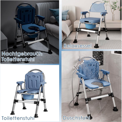 Toilet chair for seniors, portable shower wheelchair, height-adjustable, toilet chair with padded seat and toilet bucket, foldable shower chair, stable, load capacity 200 kg (CY-KJ6201)