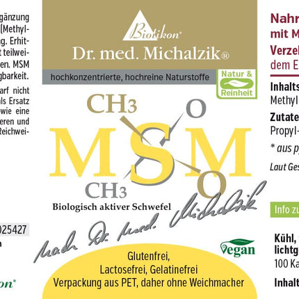 MSM Dr. med. Michalzik | Daily Dose - High-Quality Organically Bound Sulfur [1200mg] | 100% Pure Methylsulfonylmethane - 100 Capsules - No Additives - by BIOTIKON®