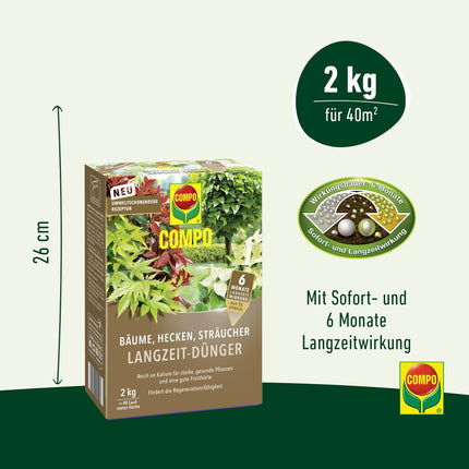 COMPO Trees, Hedges, Shrubs Long-Term Fertilizer, Environmentally Friendly Formula, 6 Months Long-Term Effect, 2 kg, For 40 Meters of Hedge