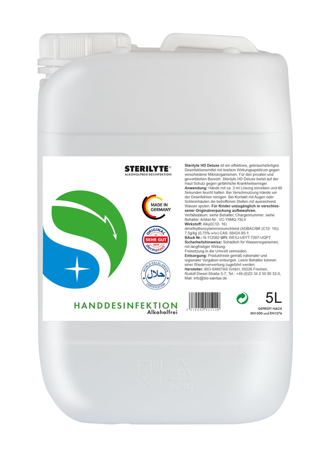 STERILYTE HD Deluxe alcohol-free hand sanitizer, disinfectant as a solution without alcohol, disinfectant for hands, hand sanitizer - 5L canister - Made in Germany (Neutral)