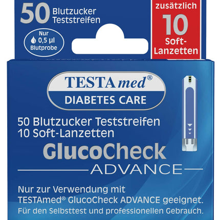 TESTAmed GlucoCheck Advance blood glucose test strips plus soft lancets, 50 blood glucose test strips + 10 soft lancets