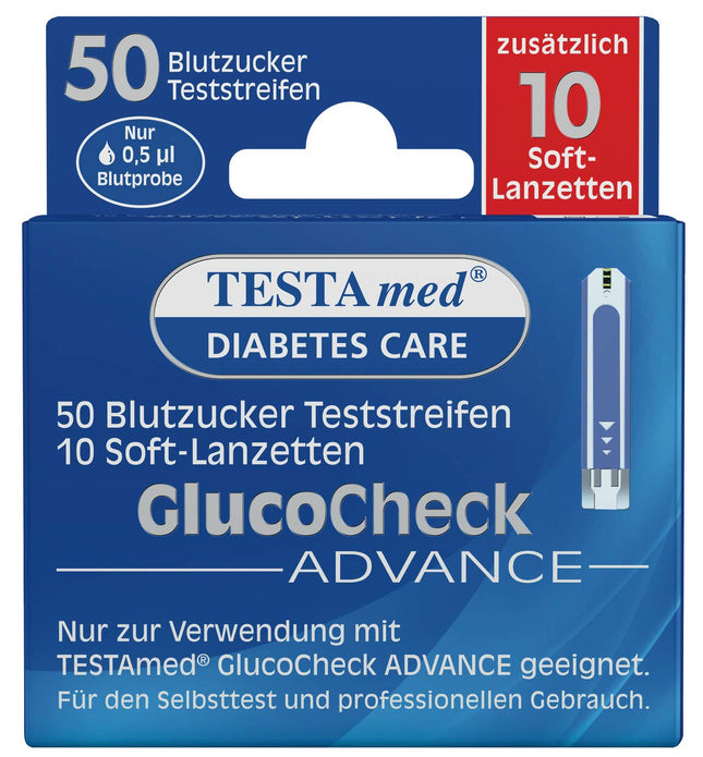 TESTAmed GlucoCheck Advance blood glucose test strips plus soft lancets, 50 blood glucose test strips + 10 soft lancets