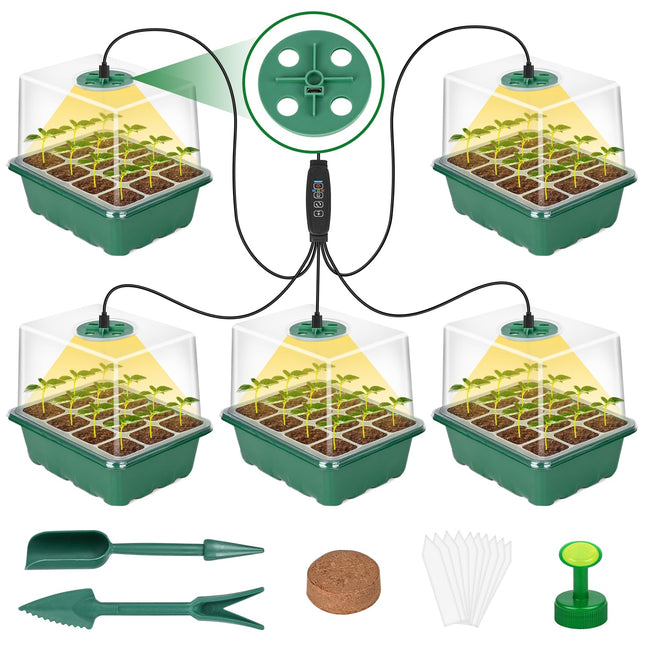 Apritsce seedling kit includes indoor greenhouse with plant lamp, mini greenhouse with 12 seedling soil, 10 labels, 2 tools, for plant growth and seed germination