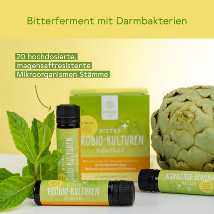 BitterLiebe® Bitter Probio-Cultures Complex - liquid intestinal bacteria - enteric-coated product with 20 bacterial strains and 15 billion bacteria - 15x 15ml drinking ampoules