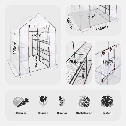 Arebos Premium Polytunnel Greenhouse with 3 Levels - 143 x 143 x 195 cm Greenhouse with Shelves &amp; Ventilation Window - Space-Saving, High-Quality Propagation House Garden Balcony Stable