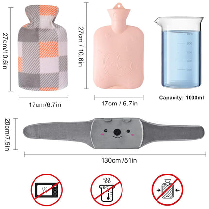 Hot water bottle belt 1L 130cm Extra long 3 in 1 Koala hot water bottle belt extremely fluffy, made of rubber with soft waist cover hot water bottle for neck, shoulder, back, legs, waist