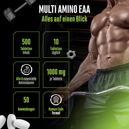 Multi Amino-EAA Pattern Code - 500 tablets of 1000 mg each - Human Code Formula - All 8 essential amino acids - From plant fermentation - High dosage - Vegan