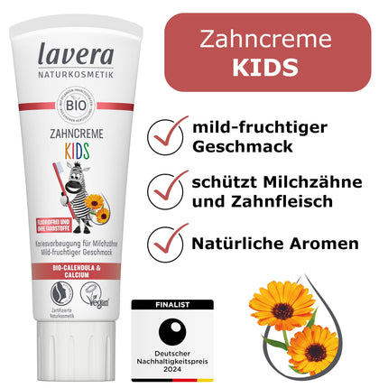 lavera Toothpaste Kids FLUORIDE-FREE - no colorings - protects baby teeth - mild and fruity - organic calendula &amp; calcium - vegan - 75 ml