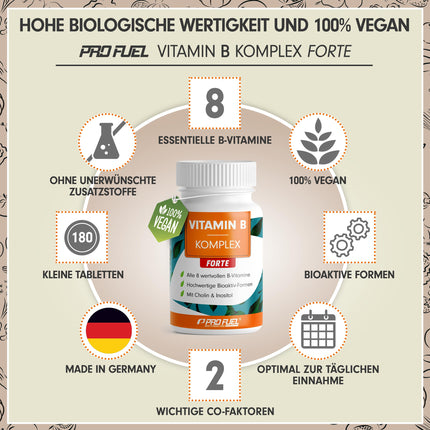 High-dose vitamin B complex - 180 tablets - all 8 B vitamins (B1, B2, B3, B5, B6, B7, B9, B12) + co-factors choline &amp; myo-inositol - laboratory-tested with certificate - vegan - 6-month supply