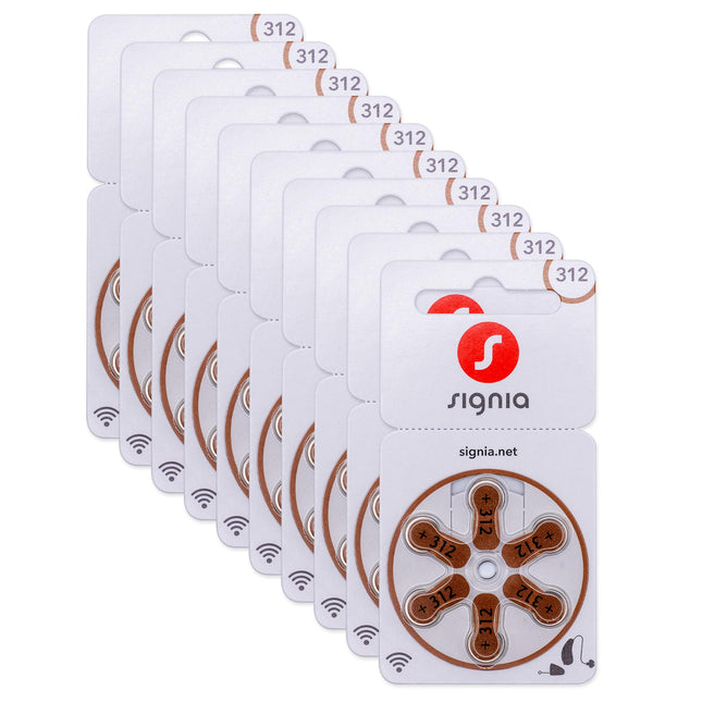 Siemens-Signia hearing aid batteries type 312 brown, batteries for hearing aids, 60-pack, Made in Germany, including FREE cleaning cloth, Wireless Approved, mercury-free
