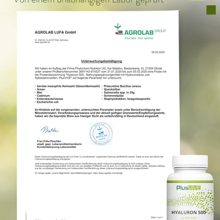 PlusVive Hyaluronic Acid Capsules High Dosage I 1 x 90 Capsules with Apple Extract I 500mg Hyaluronic Acid with 500-700 kD per Capsule I Hyaluronic Capsules I Dietary Supplement Vegan &amp; Laboratory Tested