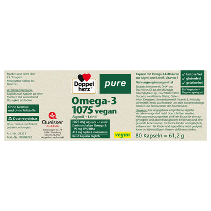 Doppelherz pure Omega-3 1075 vegan - Algae oil + linseed oil - Alpha-linolenic acid contributes to the maintenance of normal cholesterol levels - 80 capsules
