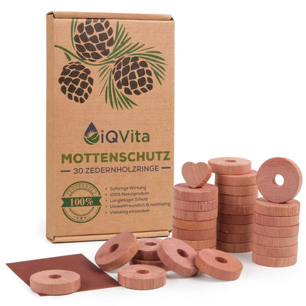iQVita Natural Cedarwood Moth Repellent – ​​30 Moth Rings – 100% Natural Product – Excellent Moth Repellent for Wardrobes – Organic – Moth Trap – Chemical-Free