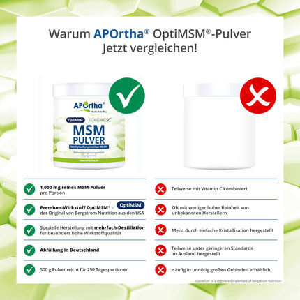 APOrtha® OptiMSM® MSM Powder, 500g vegan powder, 99.9% pure methylsulfonylmethane without any additives, 1,000 mg OptiMSM® MSM per serving, vegan, gluten-free, lactose-free, allergen-free