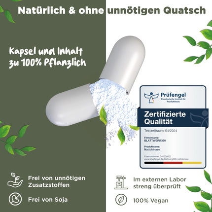 Nattokinase 2000 FU - ANNUAL SUPPLY - 365 Nattokinase Capsules, 100 mg each (20,000 FU/g) - Made in Germany - High-Dose Nattokinase - Natto from Soy - 100% Vegan - Laboratory Tested - BLATTWERK