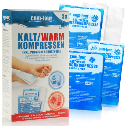 com-four® 3X multiple compresses in 3 different sizes with fleece cover, warm &amp; cold compresses - economy pack cooling pads, cooling packs - microwave-safe - Made in Germany (3 pieces)