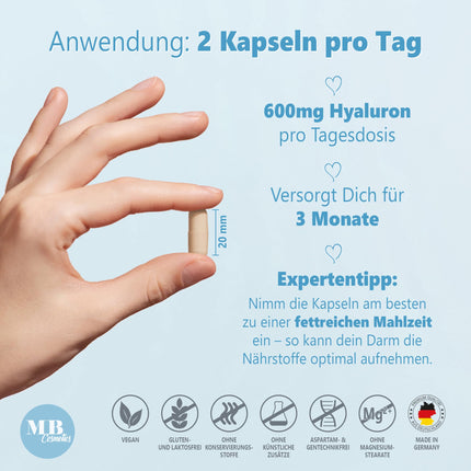 180 Hyaluronic Acid Capsules with high dosage of zinc - 600mg hyaluronic acid with curcumin and green tea extract - Vegan hyaluronic acid capsules with biotin, selenium without additives, produced in Germany and laboratory tested